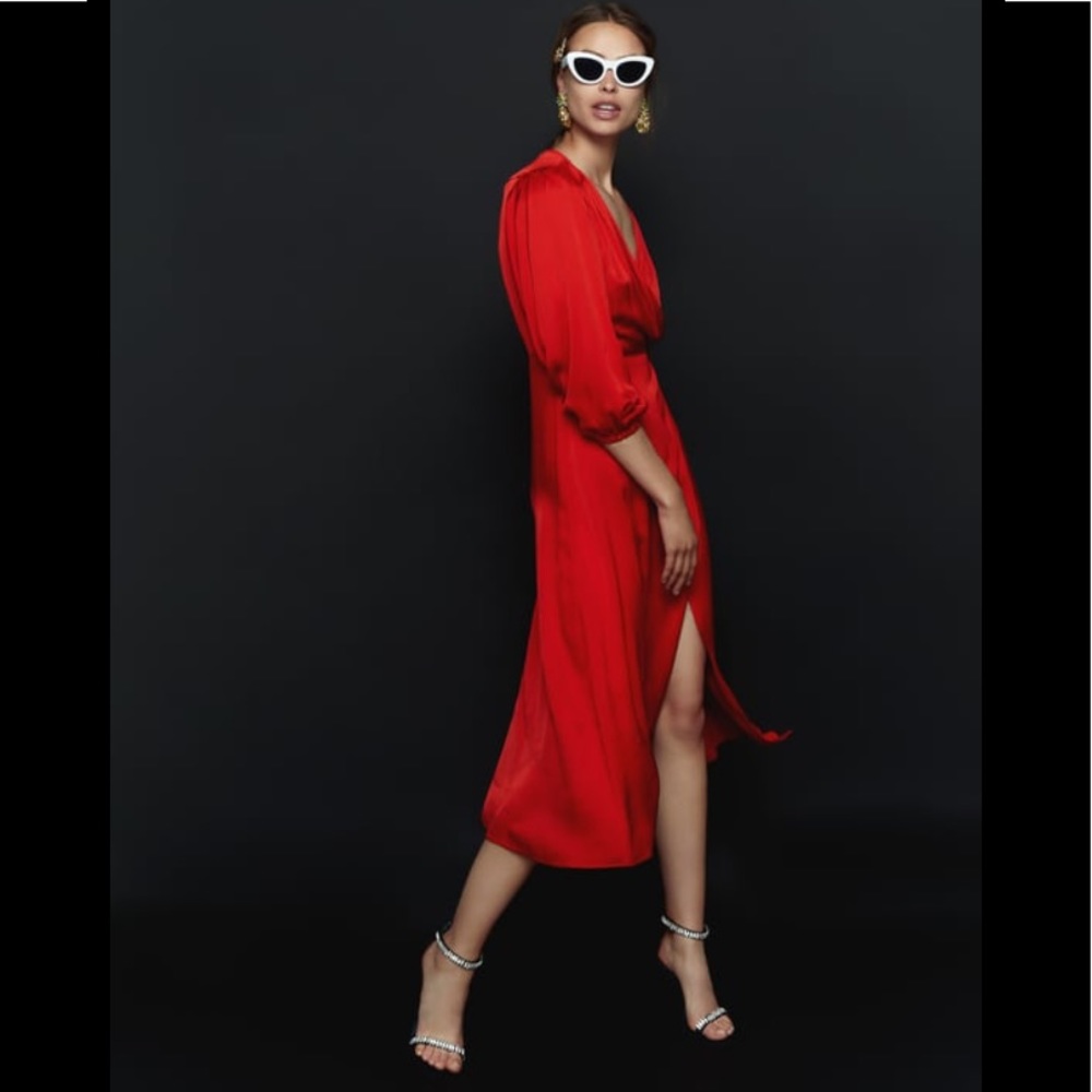 Zara Red Satin Finish Midi Wrap Dress 4437/055